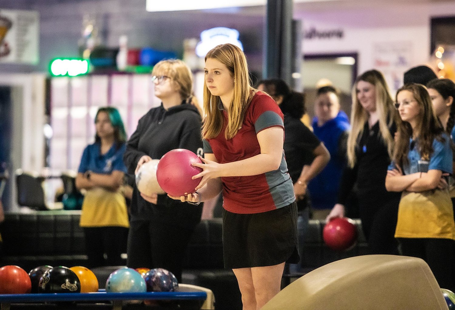 W.F. West's Piper Chalmers readies for a bowling attempt against Aberdeen at Fairway Lanes Dec. 3.